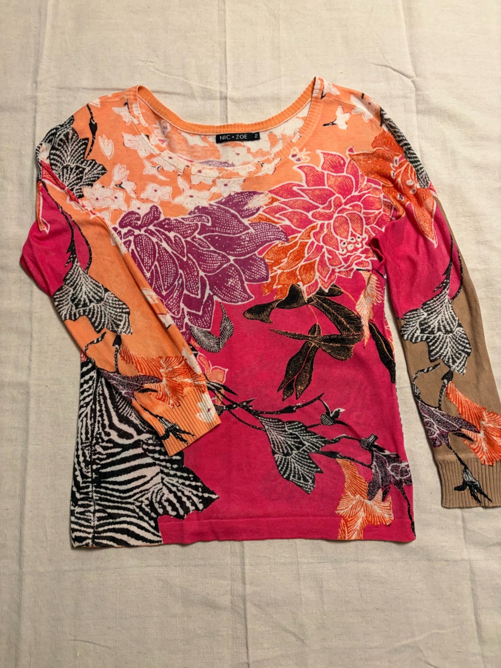 NIC+ZOE Floral Mixed-Color Long Sleeve Top - Pink & Orange